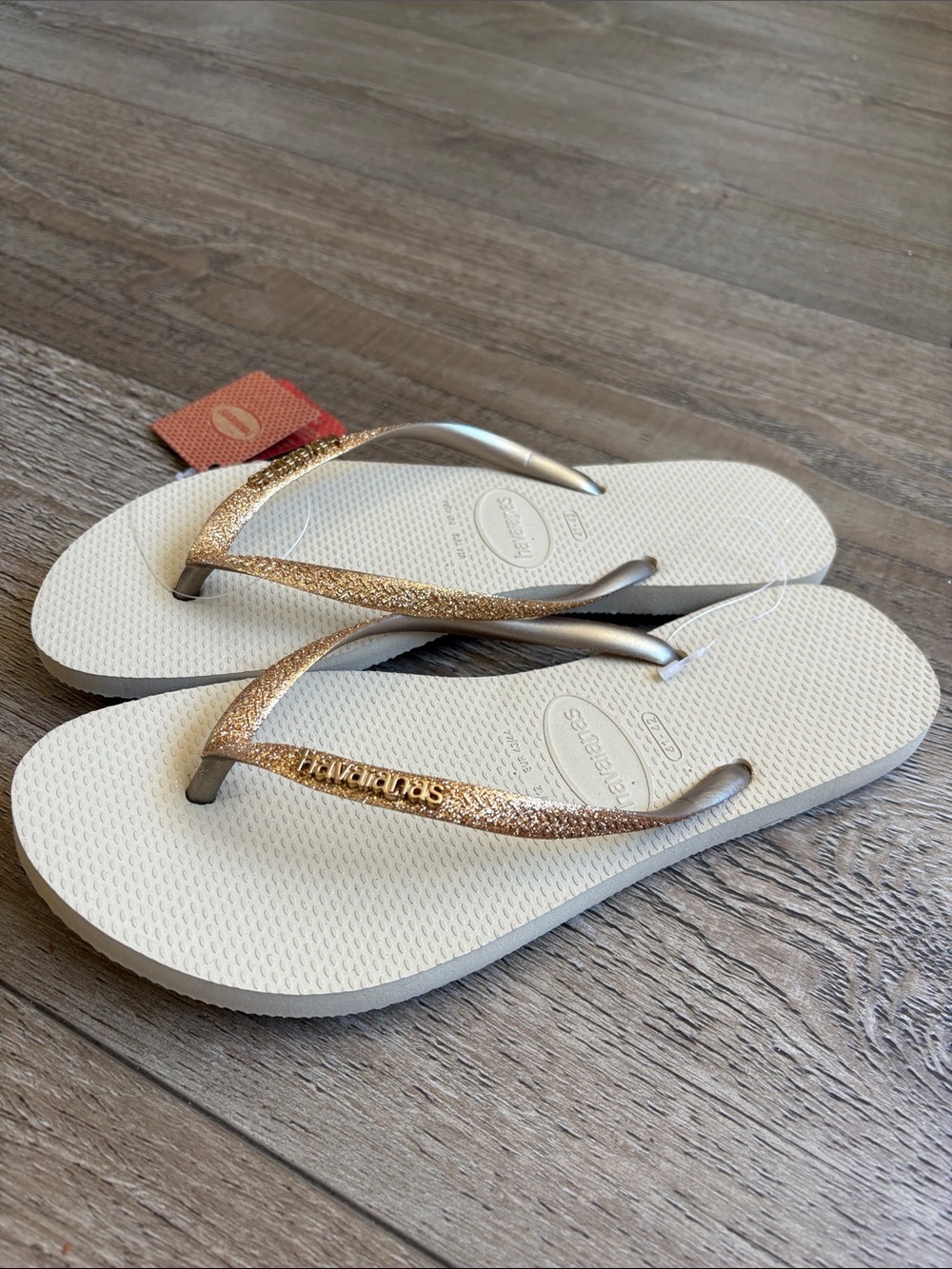 Havaianas Slim Glitter Flip Flops in Sand Golden Light w Rose Gold Straps